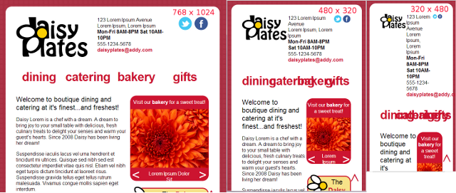 Daisy Plates fluid site screen captures at various browser dimensions